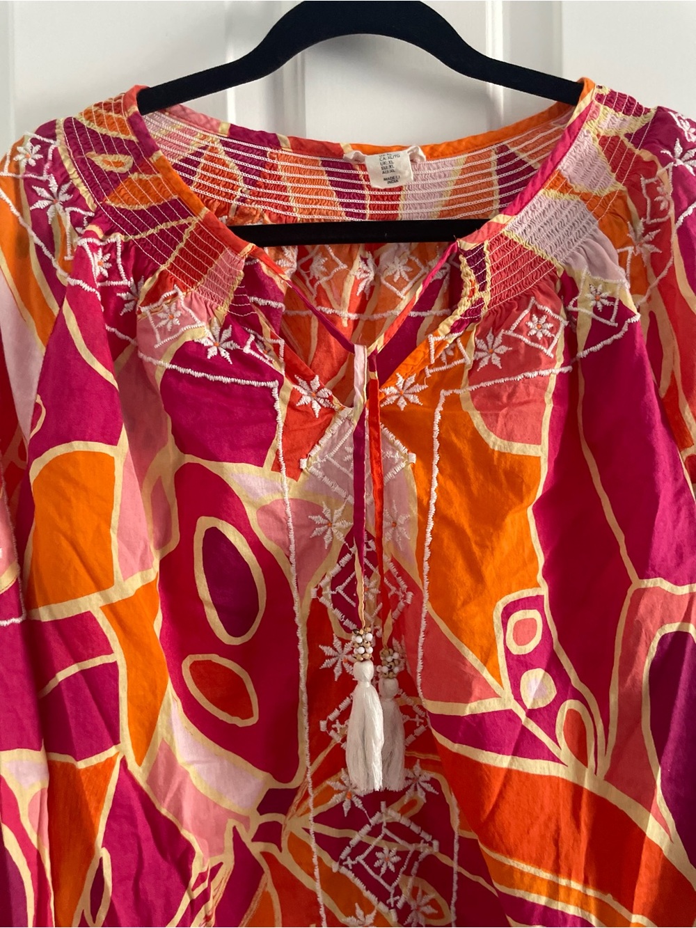Christian Siriano Pink & Orange Printed Peasant Top with Tassel Tie